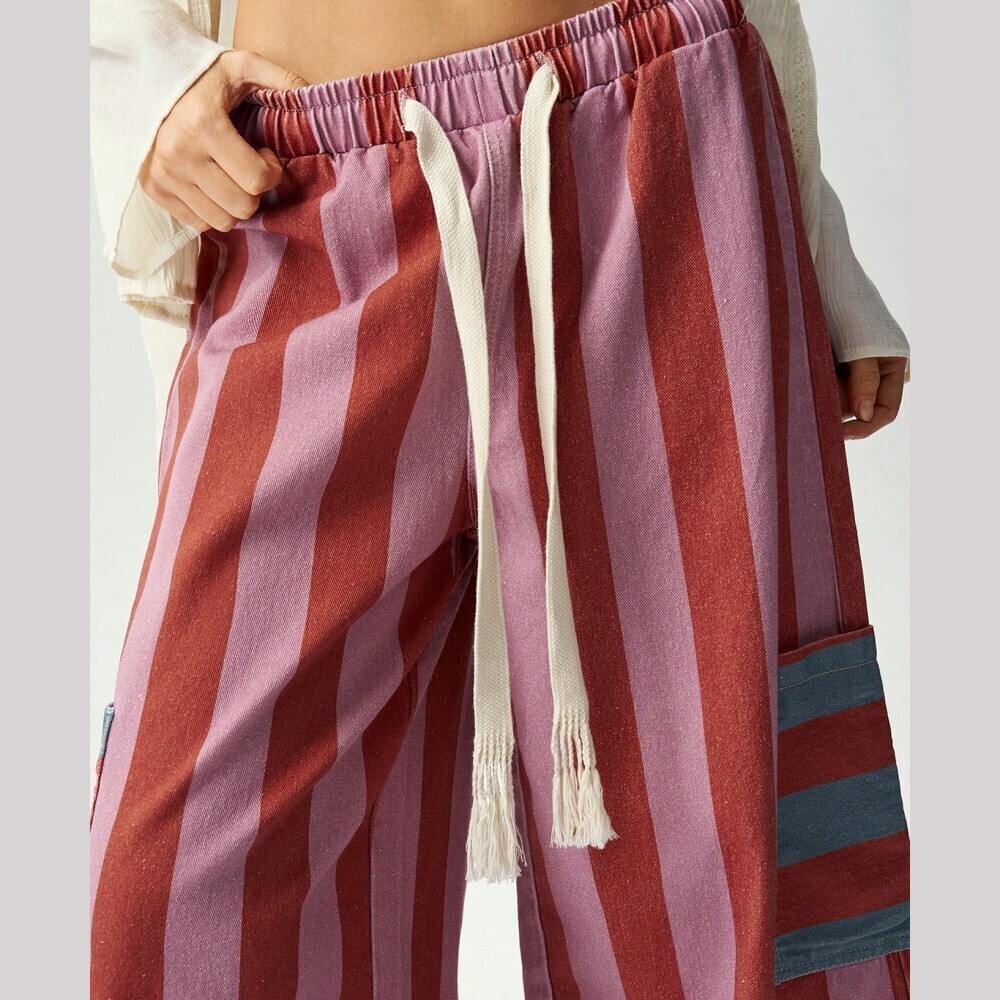 Pink & Burgundy Striped Cropped Pants with Tassel Drawstring - Picture 3 of 7